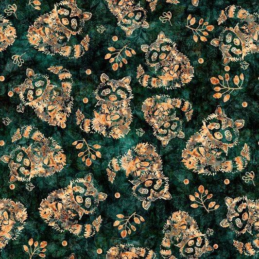 Image of the Wild Woods Raccoons Evergreen quilting cotton fabric by Morris Creative Group for QT Fabrics. Features raccoons on a green background. Cute Little Fabric Shop
