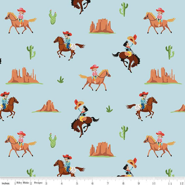 SALE FLANNEL Lil Buckaroos Giddy Up F16020 Aqua - Riley Blake Designs - Cowboys Cowgirls Cactus Red Rock Mountain - FLANNEL Cotton Fabric