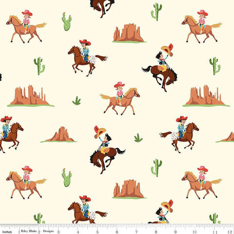 FLANNEL Lil Buckaroos Giddy Up F16020 Cream - Riley Blake Designs - Cowboys Cowgirls Cactus Red Rock Mountain - FLANNEL Cotton Fabric