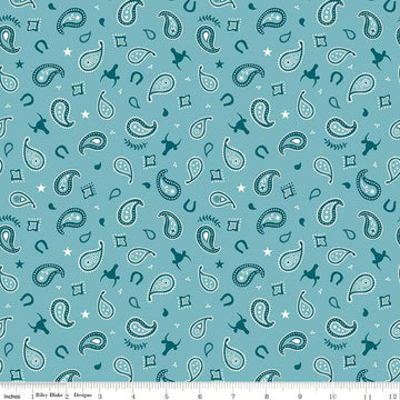 FLANNEL Lil Buckaroos Paisley F16021 Aqua - Riley Blake Designs - Bandana Star Paisley Horseshoe - FLANNEL Cotton Fabric