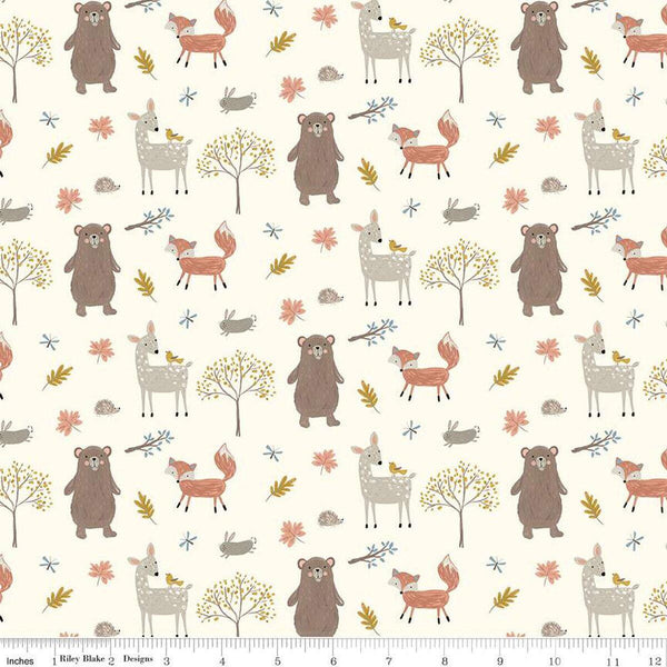 SALE FLANNEL Woodland Creatures F16023 Cream - Riley Blake Designs - Trees Leaves Rabbits Deer Bears Fox - FLANNEL Cotton Fabric
