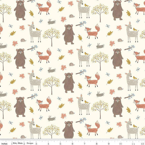 SALE FLANNEL Woodland Creatures F16023 Cream - Riley Blake Designs - Trees Leaves Rabbits Deer Bears Fox - FLANNEL Cotton Fabric