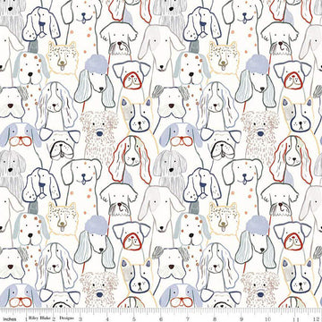 FLANNEL Inky Dog Club F16024 White - Riley Blake Designs - Dogs Puppies Sketched Pet - FLANNEL Cotton Fabric