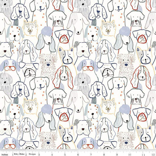 Fat Quarter End of Bolt - FLANNEL Inky Dog Club F16024 White - Riley Blake Designs - Dogs Puppies Sketched Pet - FLANNEL Cotton Fabric
