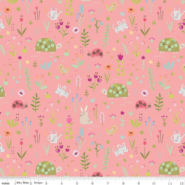 SALE FLANNEL Garden Animals F16025 Coral - Riley Blake Designs - Flowers Floral Rabbits Mice Birds - FLANNEL Cotton Fabric