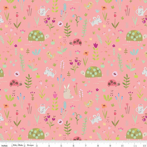 SALE FLANNEL Garden Animals F16025 Coral - Riley Blake Designs - Flowers Floral Rabbits Mice Birds - FLANNEL Cotton Fabric
