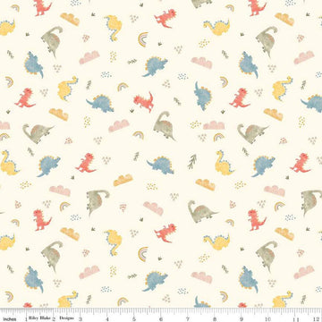 Fat Quarter End of Bolt - FLANNEL Dinos F16026 Cream - Riley Blake Designs - Dinosaurs Clouds Leaves Rainbows - FLANNEL Cotton Fabric