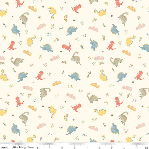 FLANNEL Dinos F16026 Cream - Riley Blake Designs - Dinosaurs Clouds Leaves Rainbows - FLANNEL Cotton Fabric