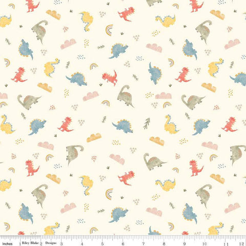 FLANNEL Dinos F16026 Cream - Riley Blake Designs - Dinosaurs Clouds Leaves Rainbows - FLANNEL Cotton Fabric