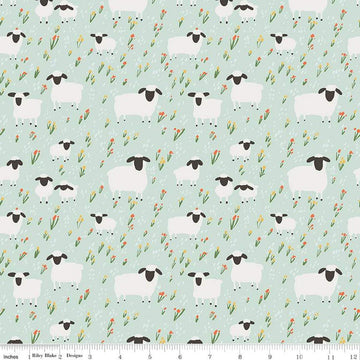 Fat Quarter End of Bolt - FLANNEL Little Lambs F16027 Mint - Riley Blake Designs - Sheep Field Flowers Lamb Floral - FLANNEL Cotton Fabric