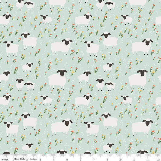 Fat Quarter End of Bolt - FLANNEL Little Lambs F16027 Mint - Riley Blake Designs - Sheep Field Flowers Lamb Floral - FLANNEL Cotton Fabric