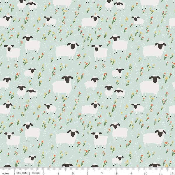 FLANNEL Little Lambs F16027 Mint - Riley Blake Designs - Sheep Field Flowers Lamb Floral - FLANNEL Cotton Fabric