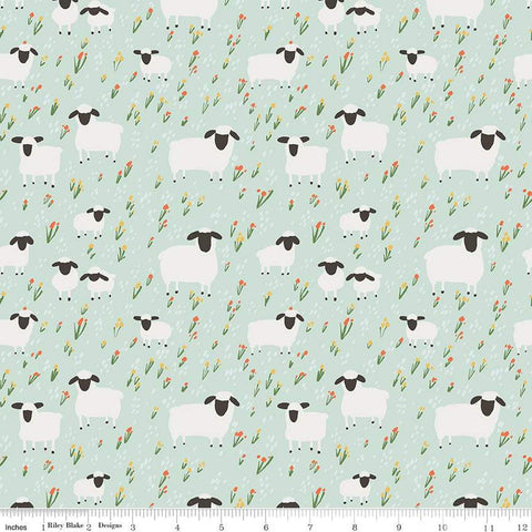 FLANNEL Little Lambs F16027 Mint - Riley Blake Designs - Sheep Field Flowers Lamb Floral - FLANNEL Cotton Fabric