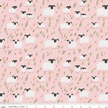 9" End of Bolt - FLANNEL Little Lambs F16027 Pink - Riley Blake Designs - Sheep Field Flowers Lamb Floral - FLANNEL Cotton Fabric
