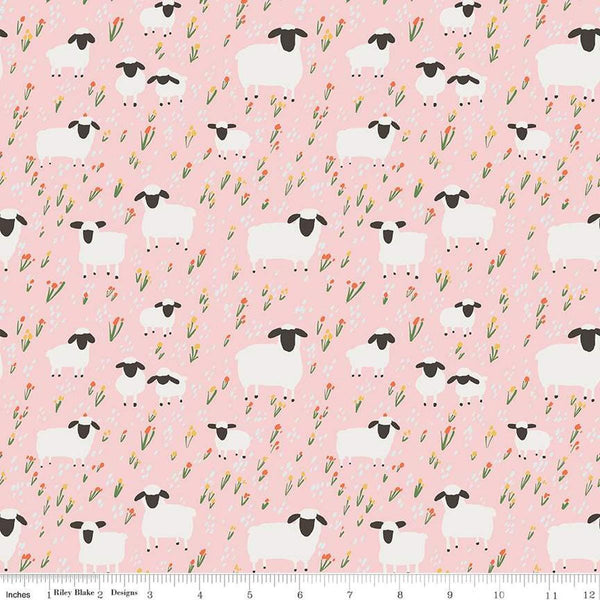 FLANNEL Little Lambs F16027 Pink - Riley Blake Designs - Sheep Field Flowers Lamb Floral - FLANNEL Cotton Fabric