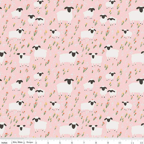 FLANNEL Little Lambs F16027 Pink - Riley Blake Designs - Sheep Field Flowers Lamb Floral - FLANNEL Cotton Fabric