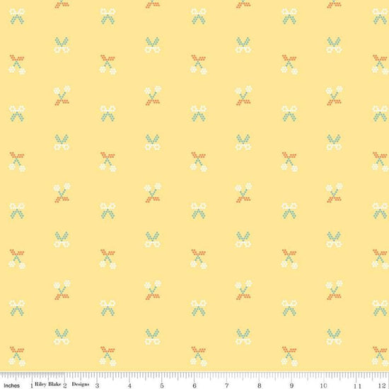 Image of the Sunsetridge Scissors Sunshine quilting cotton fabric by Minki Kim for Riley Blake Designs. Features pixels on a pink background. Cute Little Fabric Shop