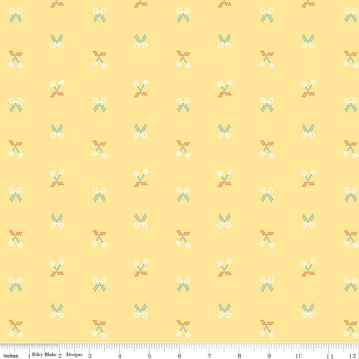 Image of the Sunsetridge Scissors Sunshine quilting cotton fabric by Minki Kim for Riley Blake Designs. Features pixels on a pink background. Cute Little Fabric Shop