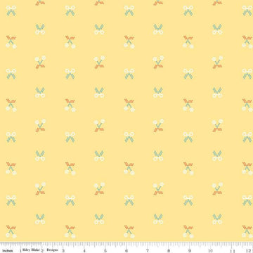Image of the Sunsetridge Scissors Sunshine quilting cotton fabric by Minki Kim for Riley Blake Designs. Features pixels on a pink background. Cute Little Fabric Shop
