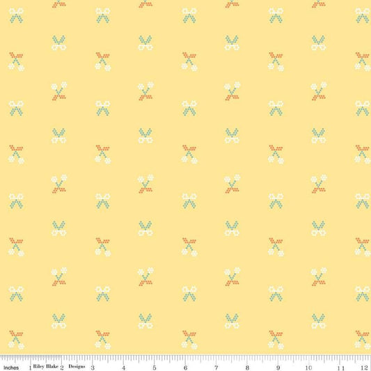 Image of the Sunsetridge Scissors Sunshine quilting cotton fabric by Minki Kim for Riley Blake Designs. Features pixels on a pink background. Cute Little Fabric Shop