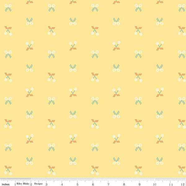 Image of the Sunsetridge Scissors Sunshine quilting cotton fabric by Minki Kim for Riley Blake Designs. Features pixels on a pink background. Cute Little Fabric Shop