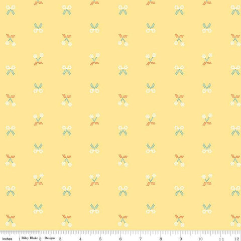 Image of the Sunsetridge Scissors Sunshine quilting cotton fabric by Minki Kim for Riley Blake Designs. Features pixels on a pink background. Cute Little Fabric Shop