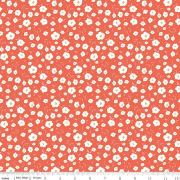 Image of the Sunsetridge Flowers Rouge quilting cotton fabric by Minki Kim for Riley Blake Designs. Features flowers on an orange background. Cute Little Fabric Shop