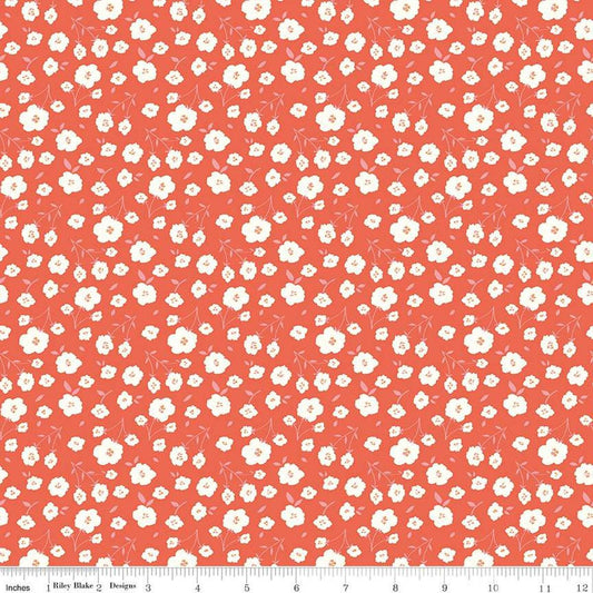 Image of the Sunsetridge Flowers Rouge quilting cotton fabric by Minki Kim for Riley Blake Designs. Features flowers on an orange background. Cute Little Fabric Shop