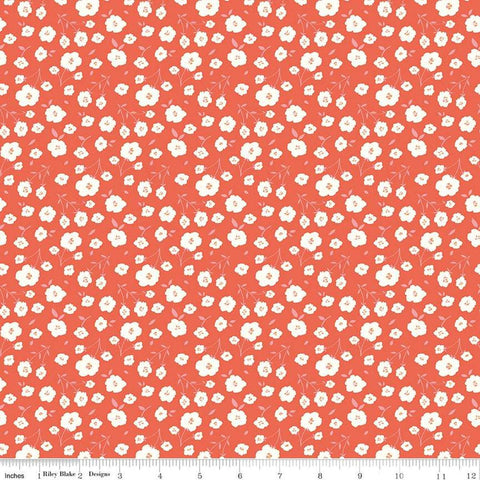 Image of the Sunsetridge Flowers Rouge quilting cotton fabric by Minki Kim for Riley Blake Designs. Features flowers on an orange background. Cute Little Fabric Shop