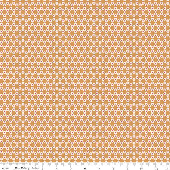 Image of the Americana Patriot Cider quilting cotton fabric by Lori Holt for Riley Blake Designs. Features circles on an orange background. Cute Little Fabric Shop