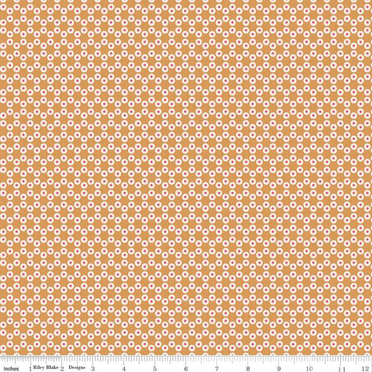 Image of the Americana Patriot Cider quilting cotton fabric by Lori Holt for Riley Blake Designs. Features circles on an orange background. Cute Little Fabric Shop