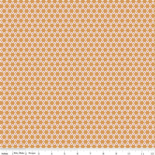 Image of the Americana Patriot Cider quilting cotton fabric by Lori Holt for Riley Blake Designs. Features circles on an orange background. Cute Little Fabric Shop