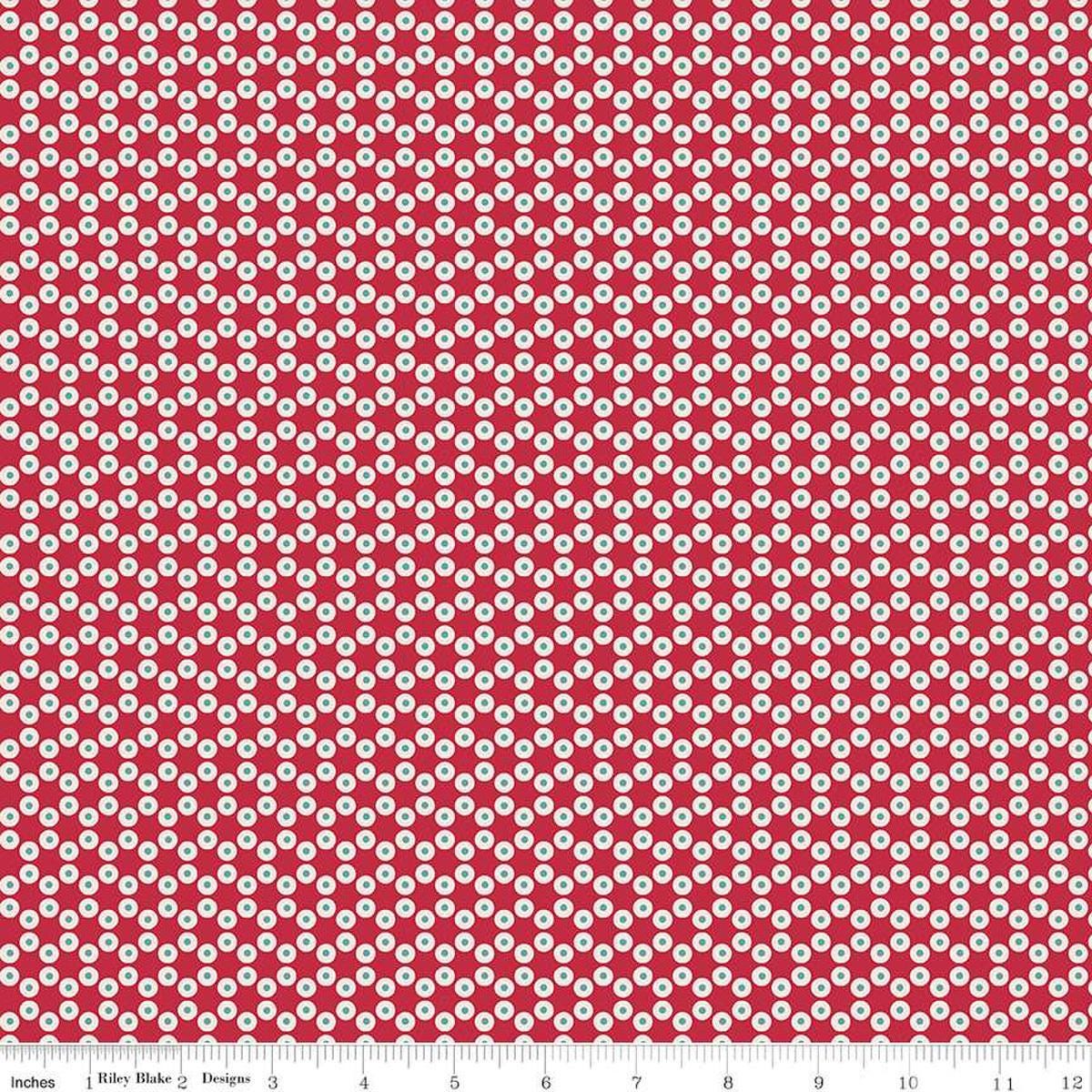 Image of the Americana Patriot Berry quilting cotton fabric by Lori Holt for Riley Blake Designs. Features circles on a pink background. Cute Little Fabric Shop