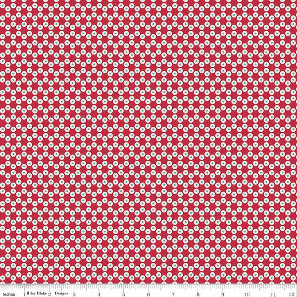 Image of the Americana Patriot Berry quilting cotton fabric by Lori Holt for Riley Blake Designs. Features circles on a pink background. Cute Little Fabric Shop