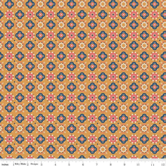 Image of the Americana Honor Cider quilting cotton fabric by Lori Holt for Riley Blake Designs. Features flowers on a gold background. Cute Little Fabric Shop