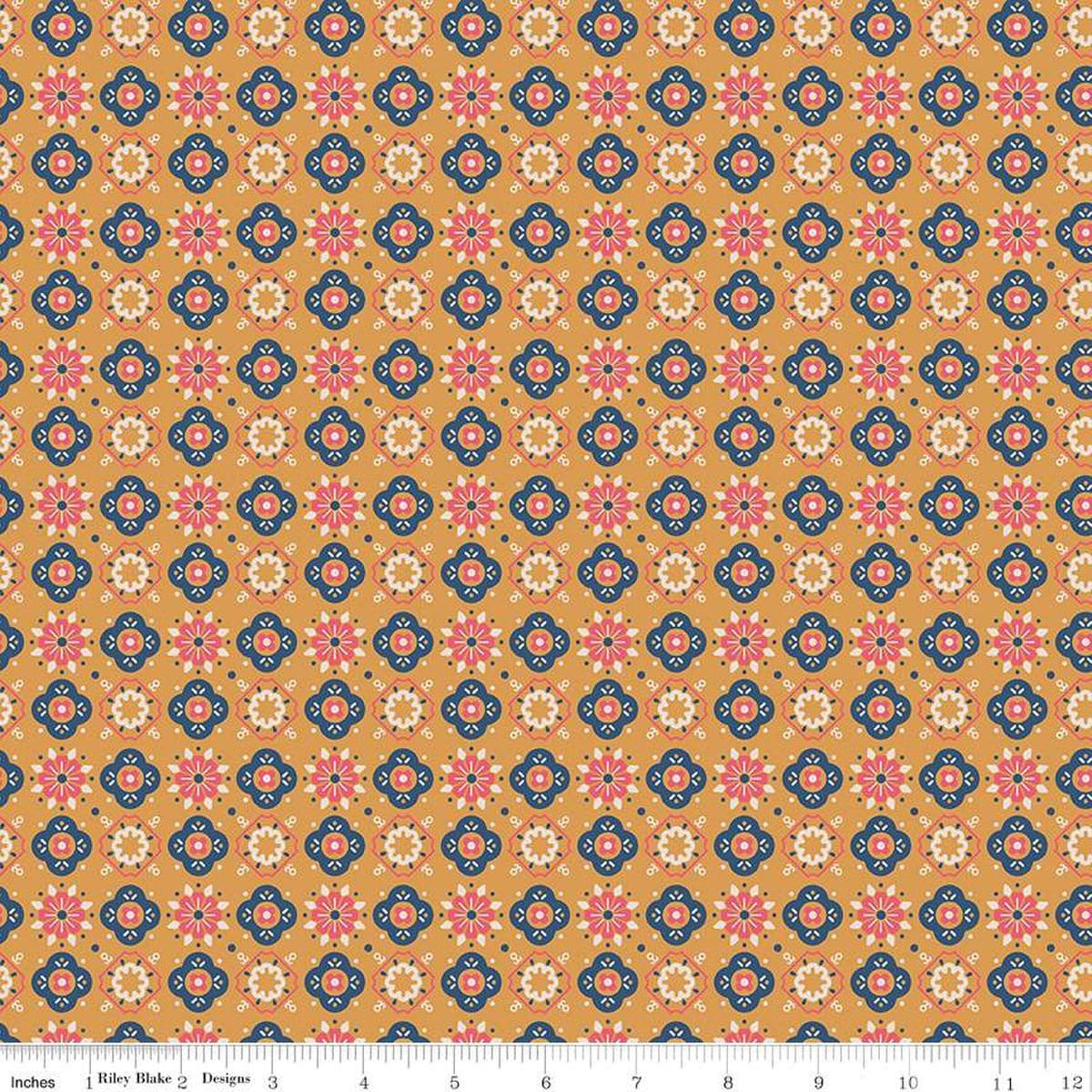 Image of the Americana Honor Cider quilting cotton fabric by Lori Holt for Riley Blake Designs. Features flowers on a gold background. Cute Little Fabric Shop