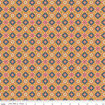 Image of the Americana Honor Cider quilting cotton fabric by Lori Holt for Riley Blake Designs. Features flowers on a gold background. Cute Little Fabric Shop
