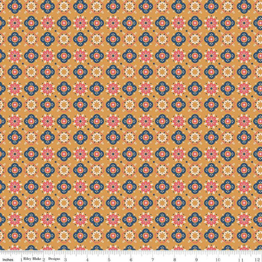 Image of the Americana Honor Cider quilting cotton fabric by Lori Holt for Riley Blake Designs. Features flowers on a gold background. Cute Little Fabric Shop