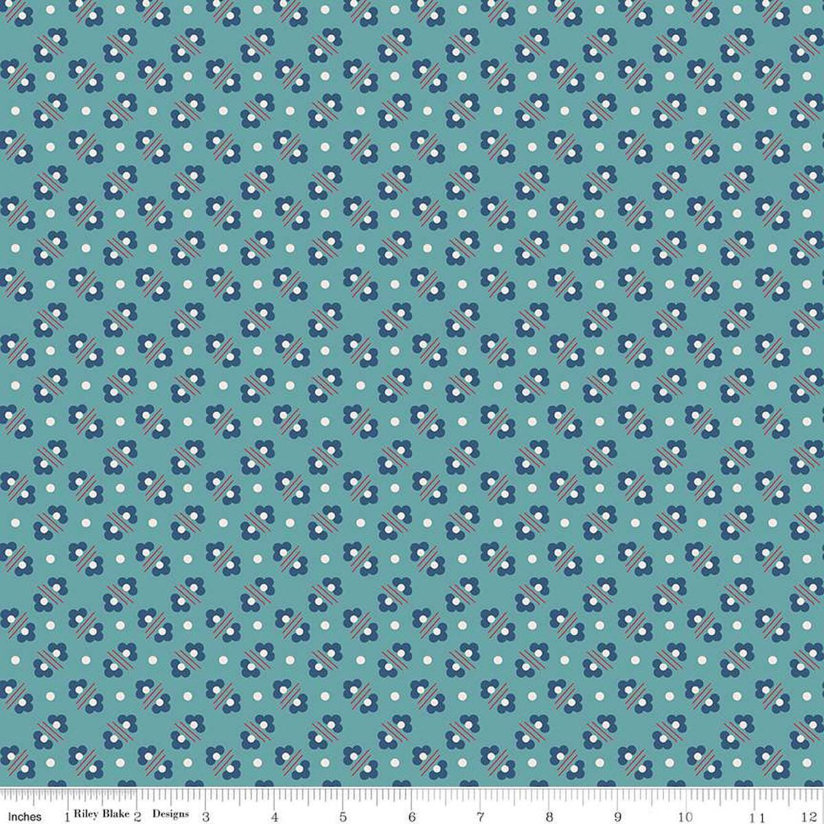 Image of the Americana Harriet Raindrop quilting cotton fabric by Lori Holt for Riley Blake Designs. Features flowers on a blue background. Cute Little Fabric Shop