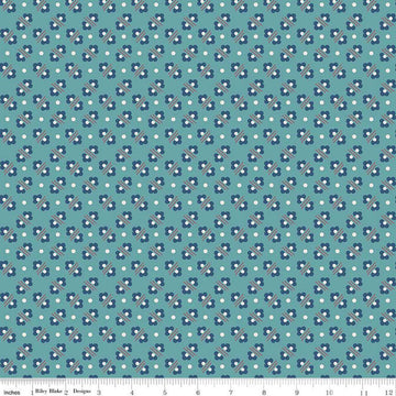 Image of the Americana Harriet Raindrop quilting cotton fabric by Lori Holt for Riley Blake Designs. Features flowers on a blue background. Cute Little Fabric Shop