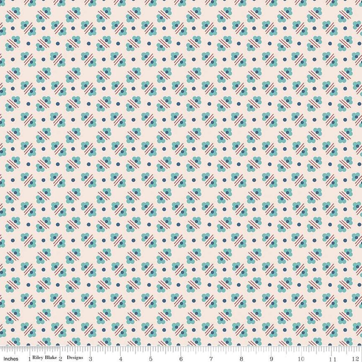 Image of the Americana Harriet Latte quilting cotton fabric by Lori Holt for Riley Blake Designs. Features flowers on a cream background. Cute Little Fabric Shop