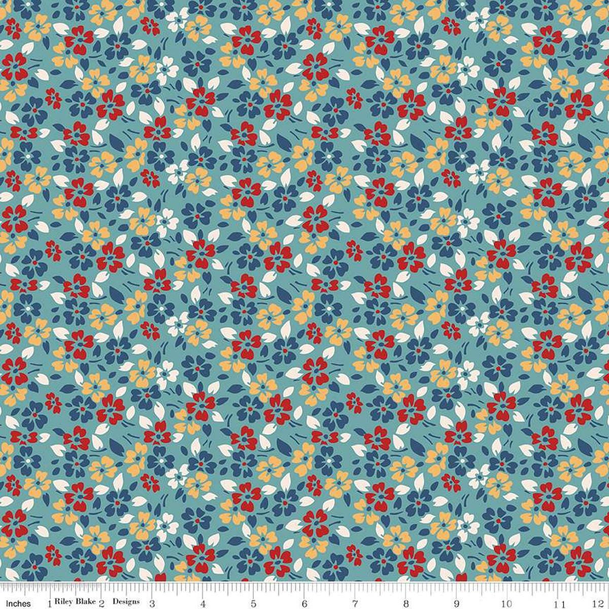 Image of the Americana Glory Raindrop quilting cotton fabric by Lori Holt for Riley Blake Designs. Features flowers on a blue background. Cute Little Fabric Shop