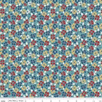 Image of the Americana Glory Raindrop quilting cotton fabric by Lori Holt for Riley Blake Designs. Features flowers on a blue background. Cute Little Fabric Shop