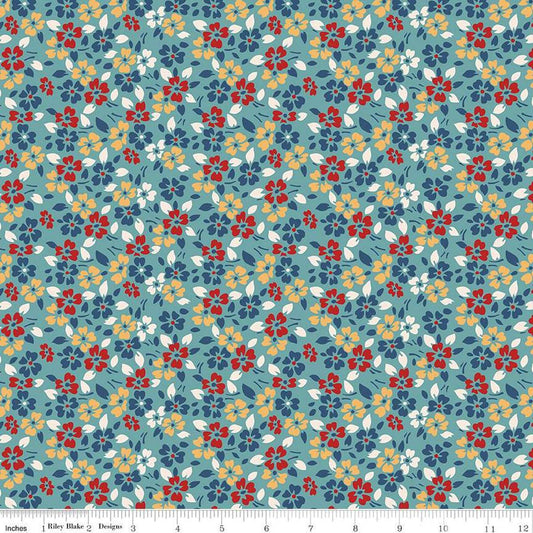 Image of the Americana Glory Raindrop quilting cotton fabric by Lori Holt for Riley Blake Designs. Features flowers on a blue background. Cute Little Fabric Shop
