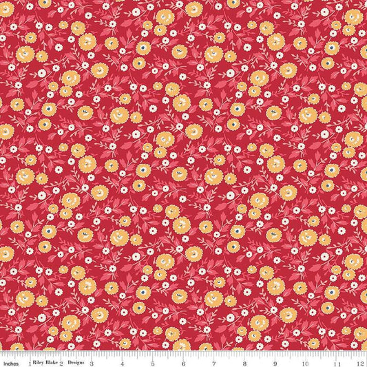 Image of the Americana Freedom Berry quilting cotton fabric by Lori Holt for Riley Blake Designs. Features flowers on a red background. Cute Little Fabric Shop