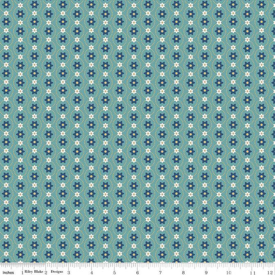 Image of the Americana Eleanor Raindrop quilting cotton fabric by Lori Holt for Riley Blake Designs. Features flowers on a blue background. Cute Little Fabric Shop