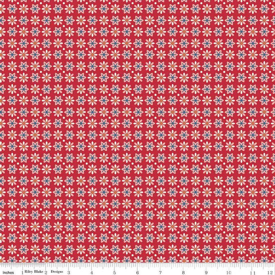 Image of the Americana Boston Berry quilting cotton fabric by Lori Holt for Riley Blake Designs. Features flowers on a red background. Cute Little Fabric Shop