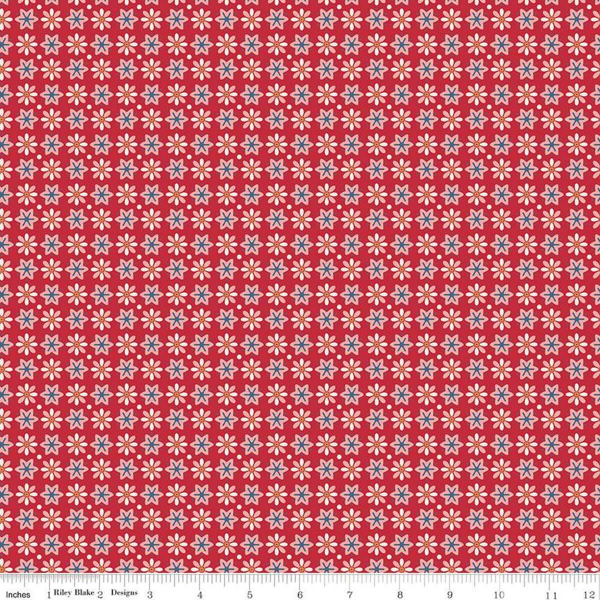 Image of the Americana Boston Berry quilting cotton fabric by Lori Holt for Riley Blake Designs. Features flowers on a red background. Cute Little Fabric Shop