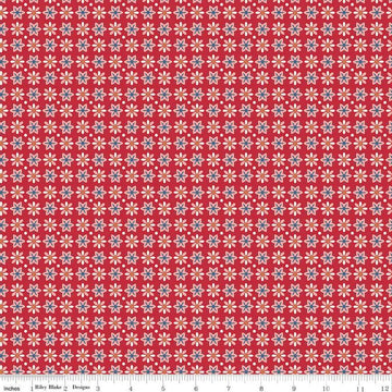 Image of the Americana Boston Berry quilting cotton fabric by Lori Holt for Riley Blake Designs. Features flowers on a red background. Cute Little Fabric Shop