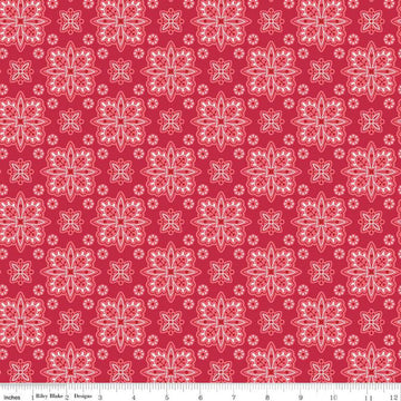 Image of the Americana Parade Berry quilting cotton fabric by Lori Holt for Riley Blake Designs. Features flowers on a red background. Cute Little Fabric Shop